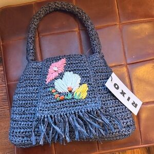 Handcrafted RIXO raffia Navy Crochet Floral Fringe Shoulder Bag - purse NWT